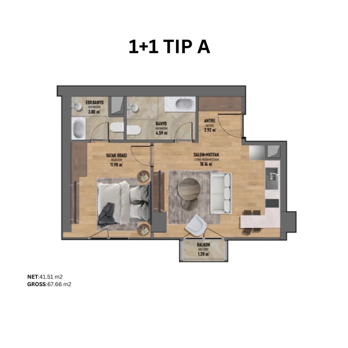 Fikirtepe, Kadıköy — 1+1 to 3+1 Residences — 1+1 Type A