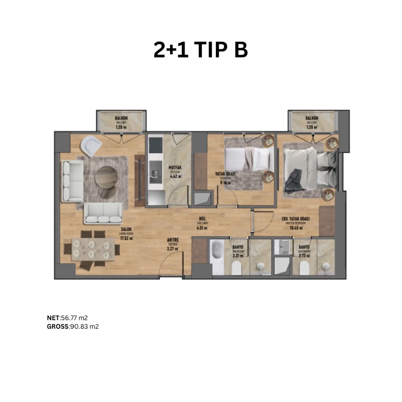 Fikirtepe, Kadıköy — 1+1 to 3+1 Residences — 2+1 Type B